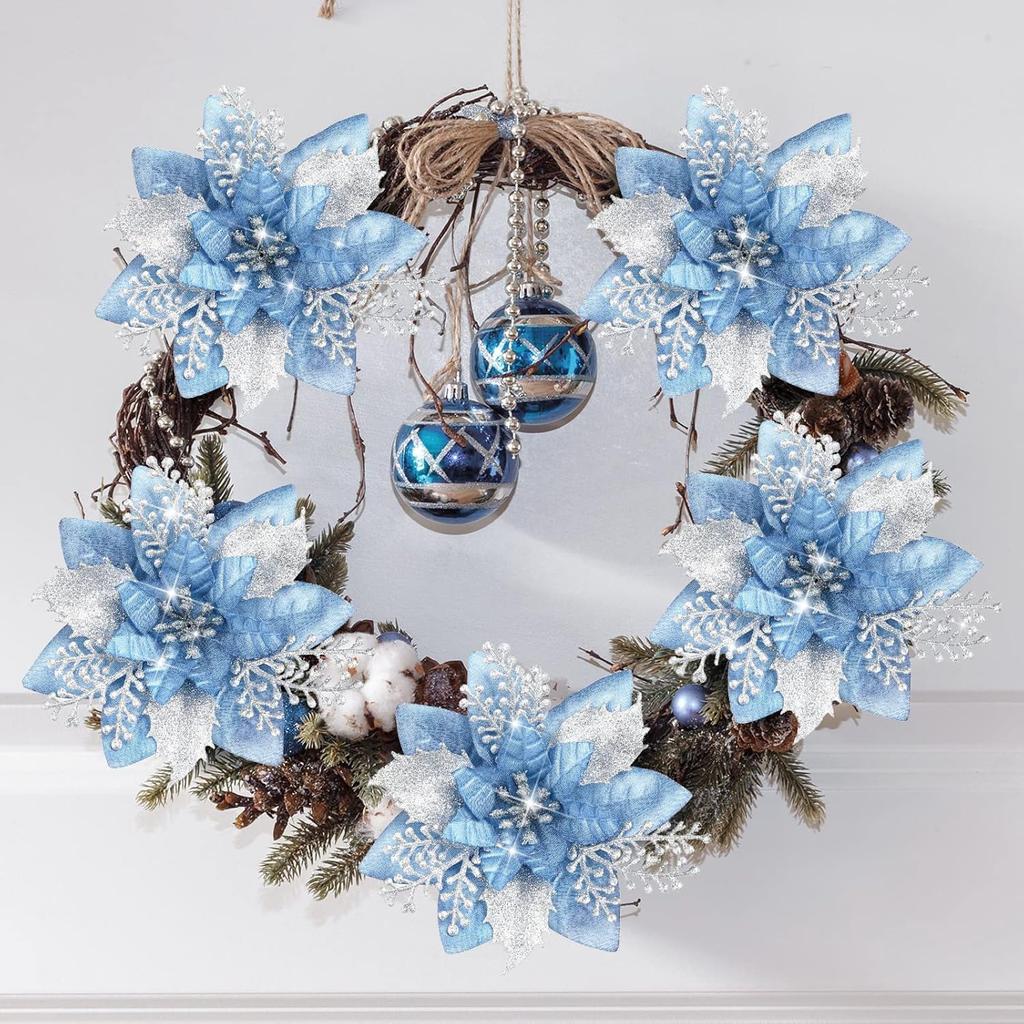 12Pcs 5.7inch Artificial Poinsettias Christmas Glitter Flowers with Clips Xmas Tree Flower Ornament Poinsettias Decor