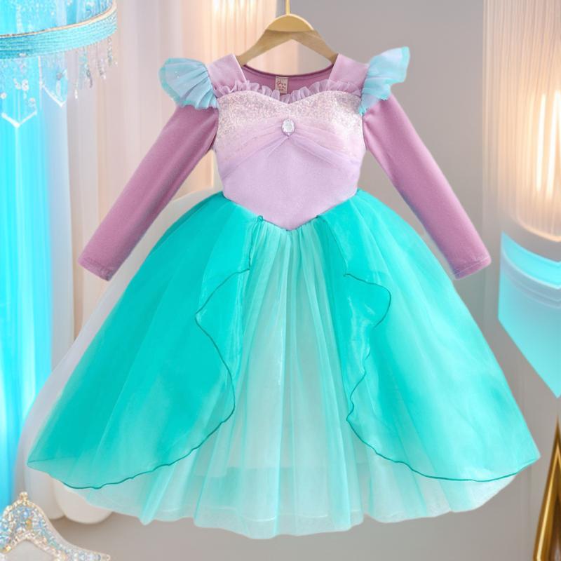Girls' Mermaid Gem Princess Dress with Fly Sleeves - Long-Sleeved Christmas Party Attire for Autumn and Winter