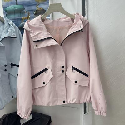 Fashion Spring Women Hooded Workwear Short Jacket Casual Loose Fit Slim Windbreaker Coat