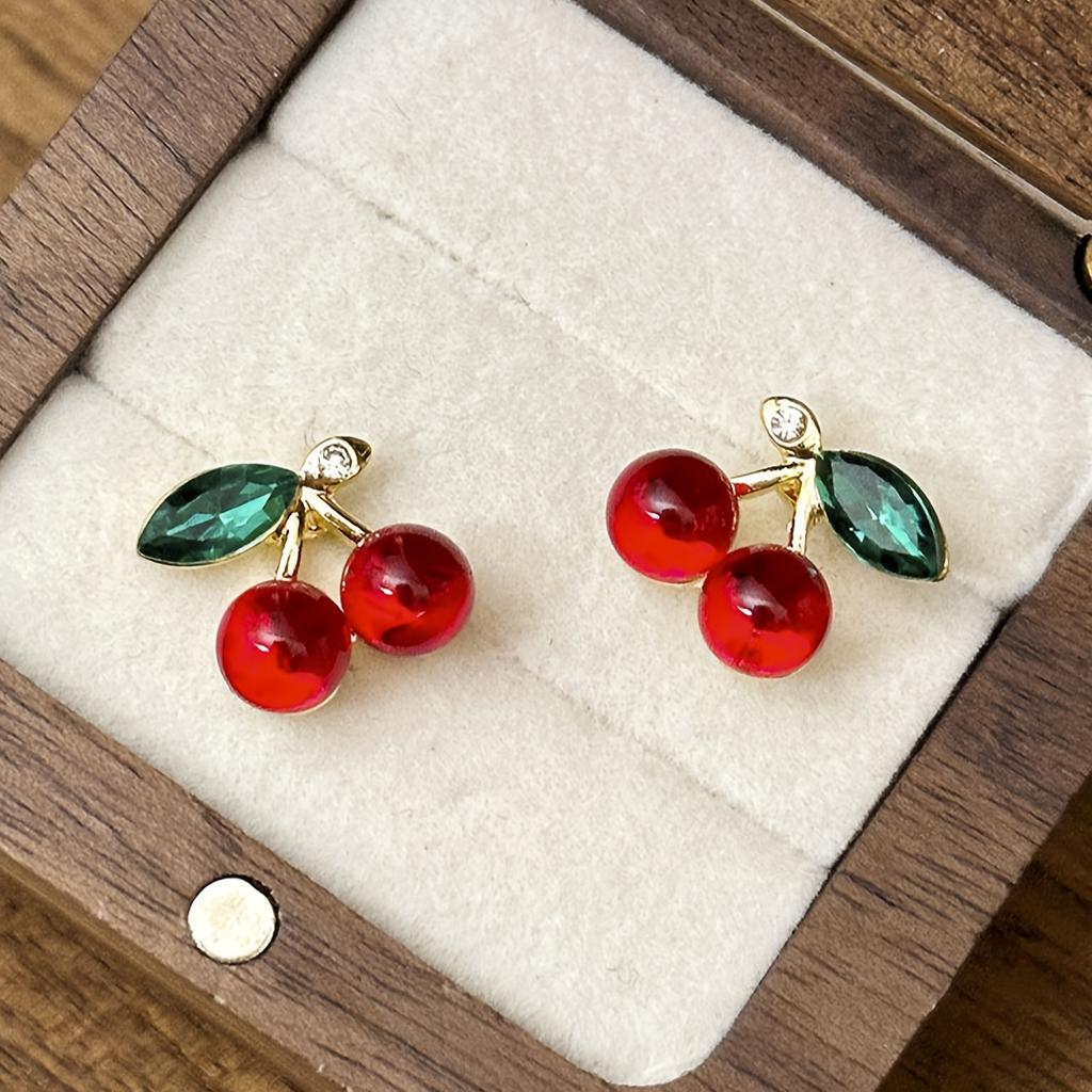 1 Pair Vintage Style Cherry Stud Earrings, Zinc Alloy with Red Simulation Gemstone, Elegant Fruit Design, for Daily Wear