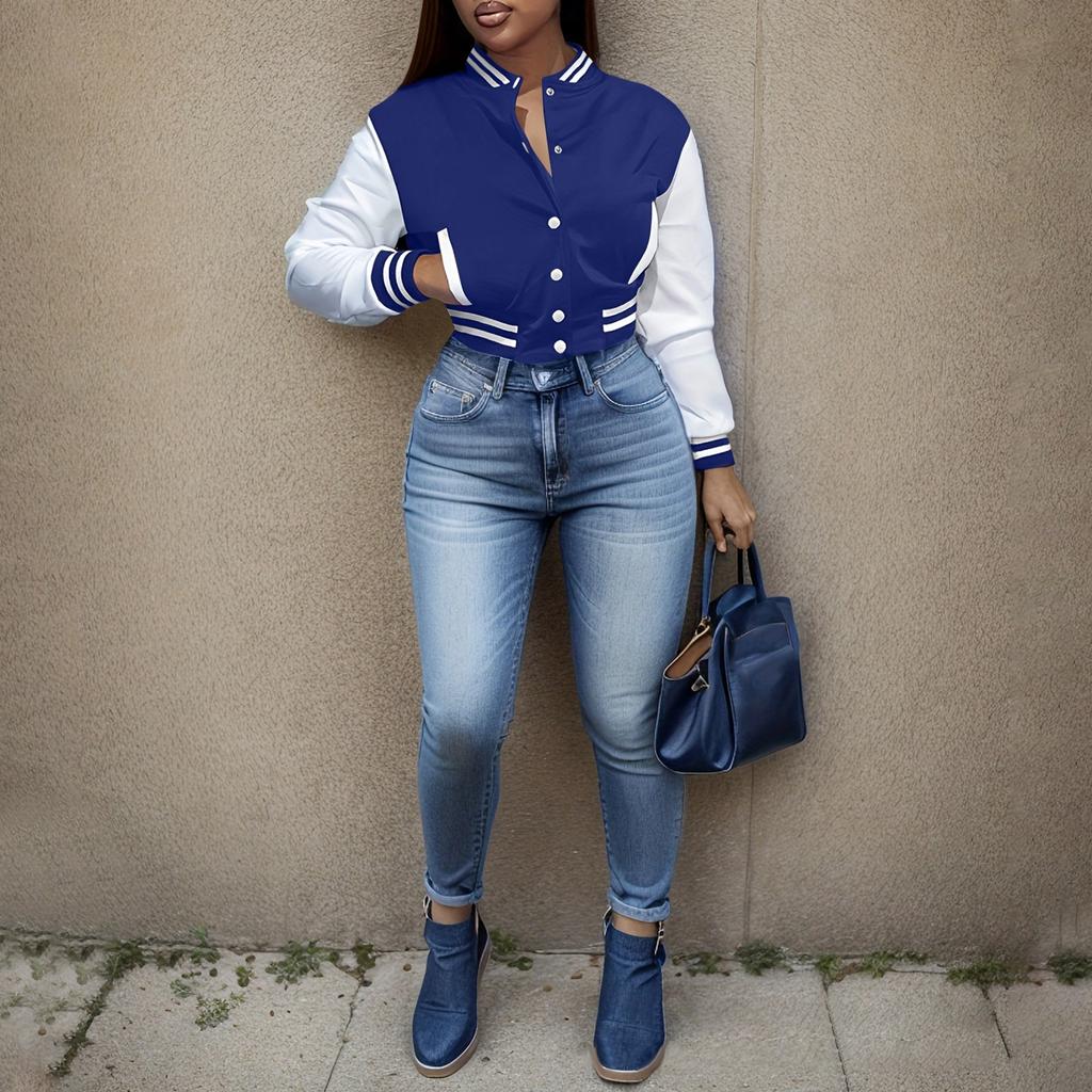 Damenmode, kurze, schlanke, einfarbige Spleißjacke, einreihig, Baseball-Kleidung, Sportmantel, Jacke, Sweatshirt