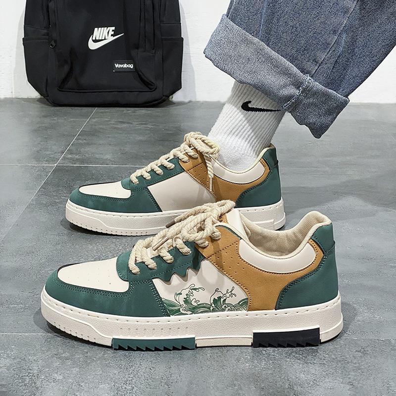 Ancient Finch Style Printed Skateboard Shoes, Student Models, Four-season Breathable Leather Sports Stitching Shoes