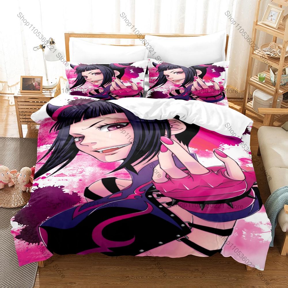 Cool Juri Han Purple Spider Outfit Twin Bun Pink Eyepatch Duvet Cover + 2 Pillowcases Capcom Fighting Game Bed Linen