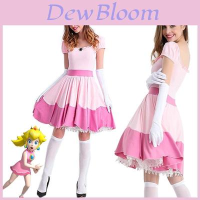 Elegant Super Mario Pink Princess Peach Costume Dress With Crown And Gloves Set