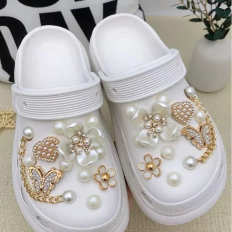 24Pcs Luxury Diamond ButterflyFiveleaf FlowerPearl Chain Shoe CharmsSet SummerDIY Decor Accessories for Clogs Hole Shoes Sandals