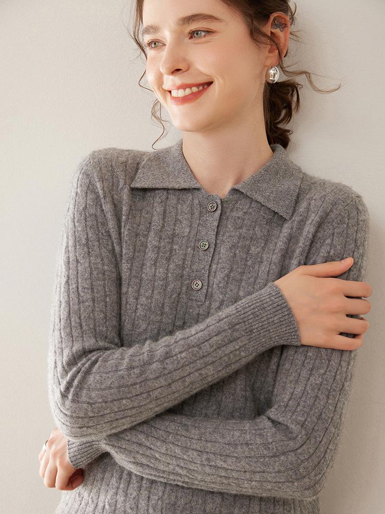 Women's Slim Fit Cable Knit Cashmere Polo Neck Sweater - Autumn/Winter New Style