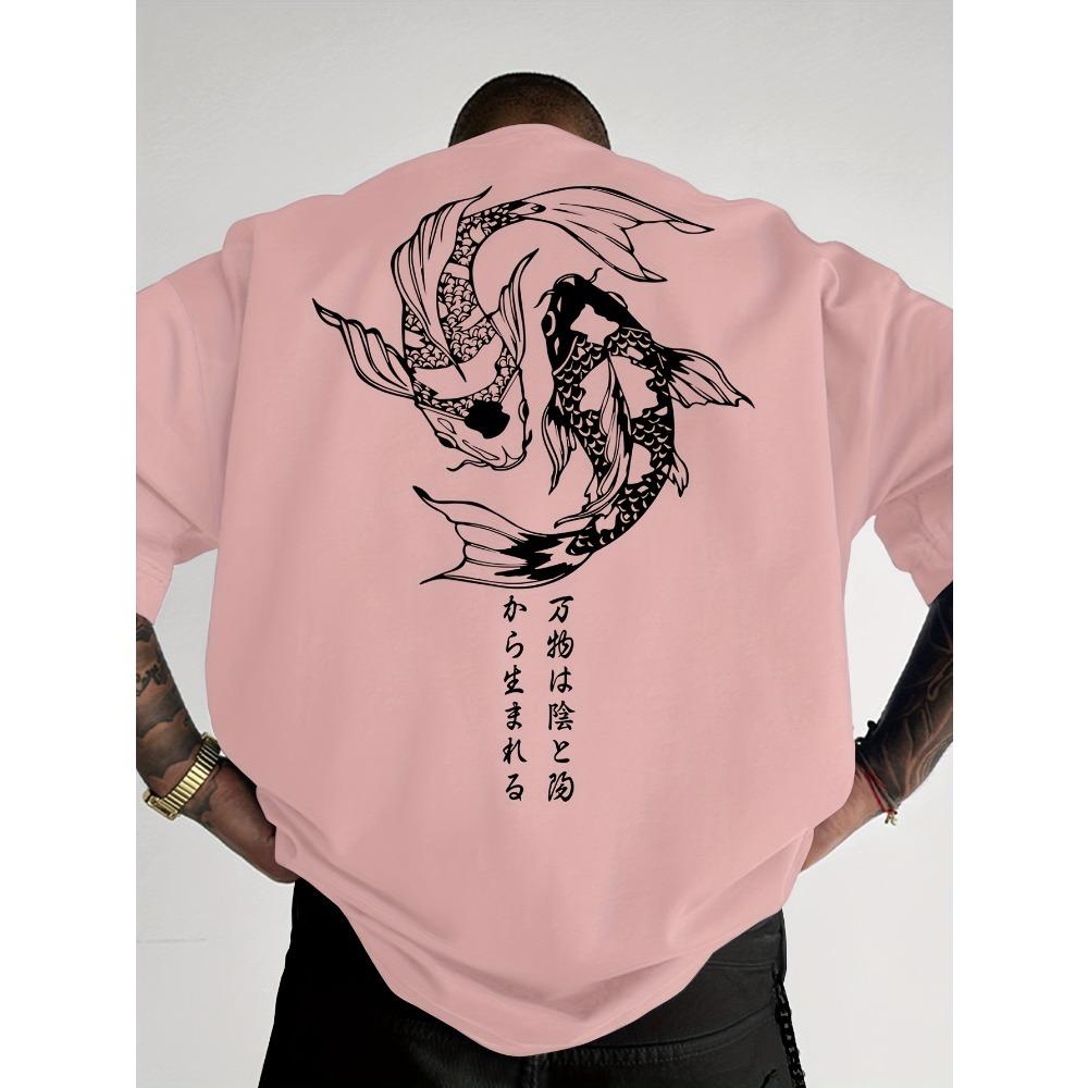 Men Loose Summer T-shirt Geometric Fish Pattern Print Street Style 100% Cotton Fabric Versatile Casual Top