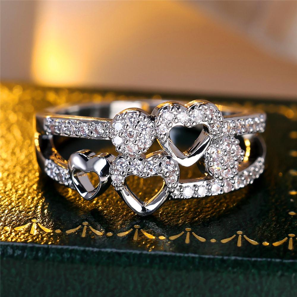 Boho Female White Crystal Zircon Stone Cute Gold Silver Color Love Heart Ring Vintage Wedding  For Women