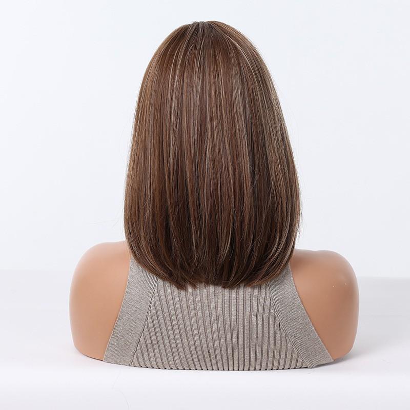 Womens Golden Brown Straight Bob Wig With Center Part Heat-Resistant Synthetic Hair Short Locks To Collarbone Length