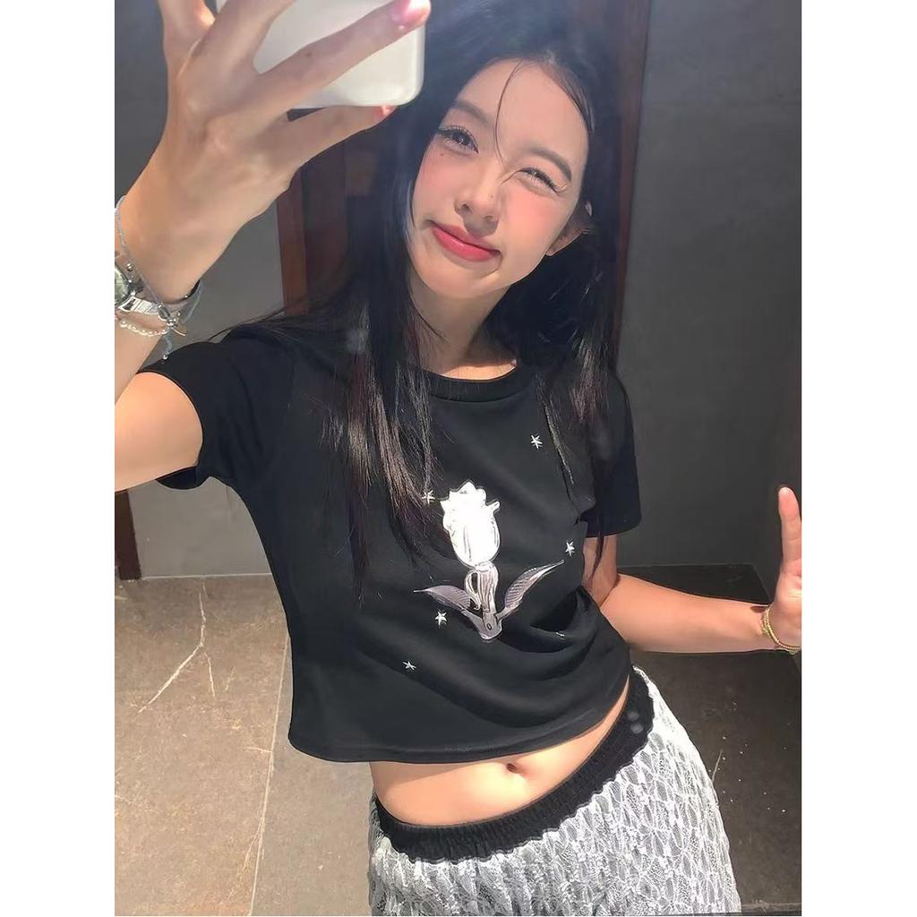 Homemade printed black short-sleeved T-shirt women's summer new sweet and spicy scheming waist women's top