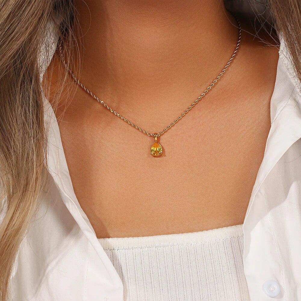 2022 Waterproof Fashion Birthstone Necklace Jewelry Gift For Women 12 Colors Zircon Waterdrop Pendant Necklace with Rope Chain