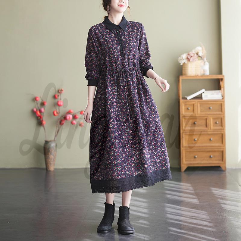 Autumn Literary Print Dress: Long-Sleeved, Cotton-Linen, Loose Fit, Extended Style with Shirt Collar