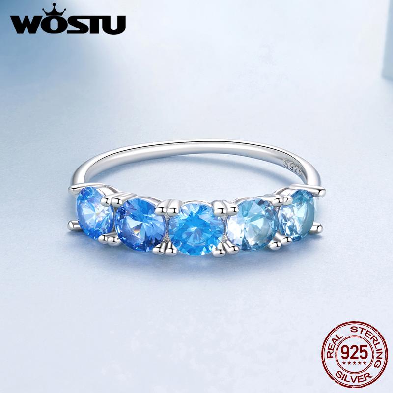 WOSTU 925 Sterling Silver Classical Round Ocean Blue CZ Sapphire Ring For Women Engagement Party Wedding Holiday Jewelry Gift