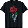 Skeleton Hand Holding Stem Flower Graphic Design Red Rose T-Shirt