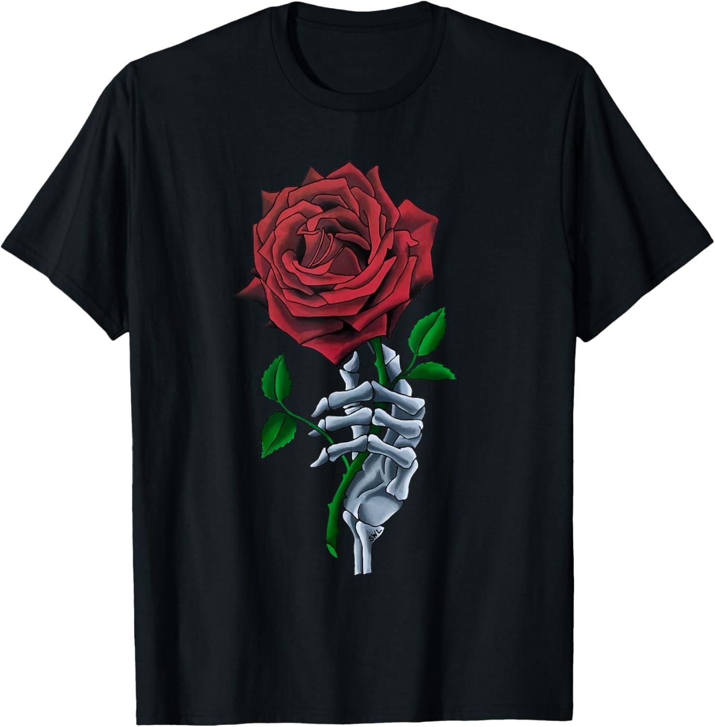 Skeleton Hand Holding Stem Flower Graphic Design Red Rose T-Shirt S разноцветный
