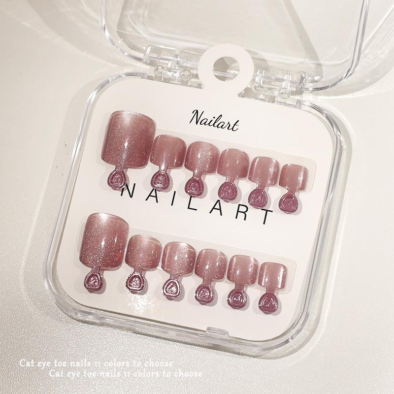 10 Pcs/Box French Fake Nails Glossy Cat-Eye Nail Art Design Short Square Press On Nail Full Cover False Toe Nail Extension