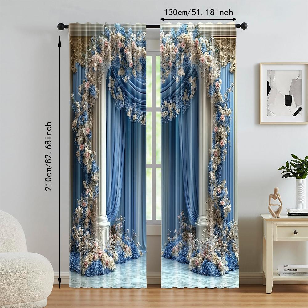 2 pcs   versatile polyester transparent curtains for home decoration Blue and White Floral for use in bedrooms and living rooms