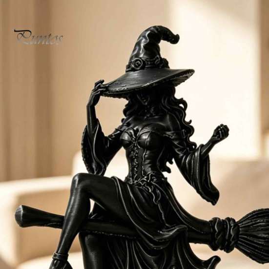 Matte Black Witch Statue Gothic On Broom Statue, 3D Printed Spooky Tabletop Figurine for Small Shelf Home Party, Halloween Desk Decor with Pointy Hat,