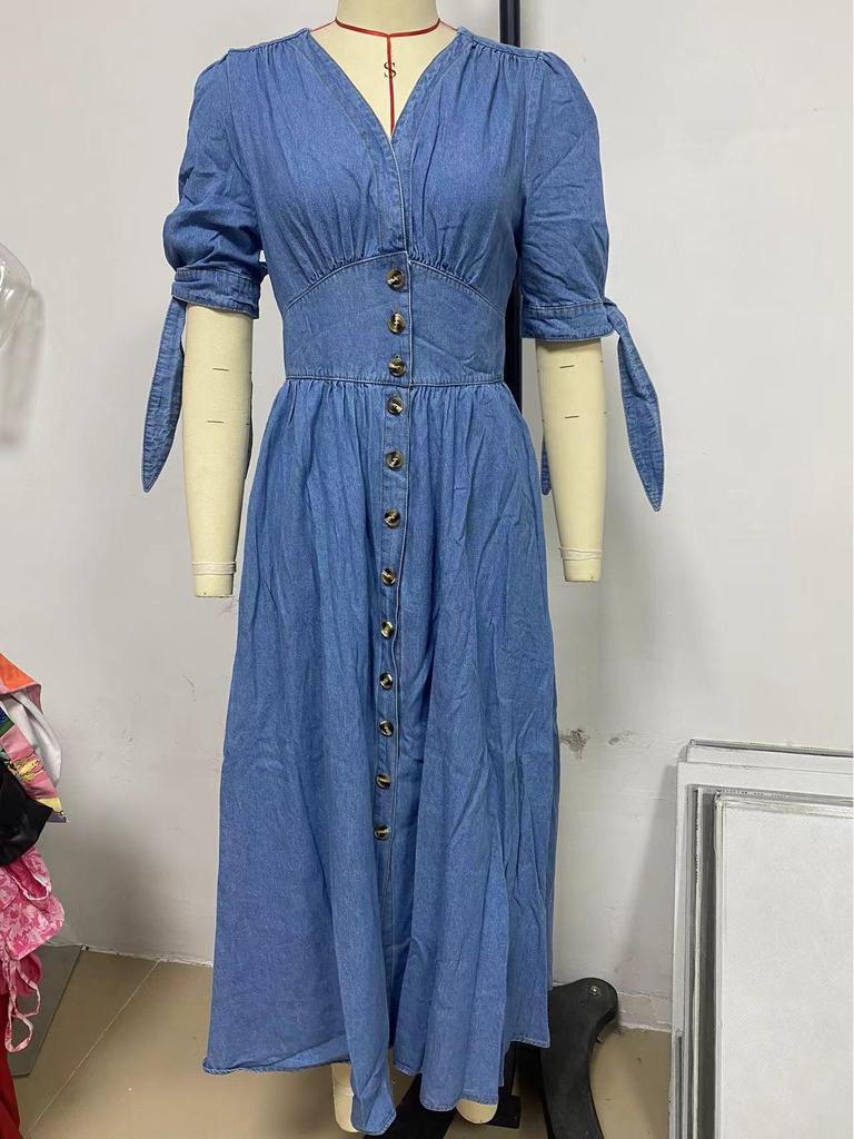 2024 European & American Fashion V-neck Denim Dress