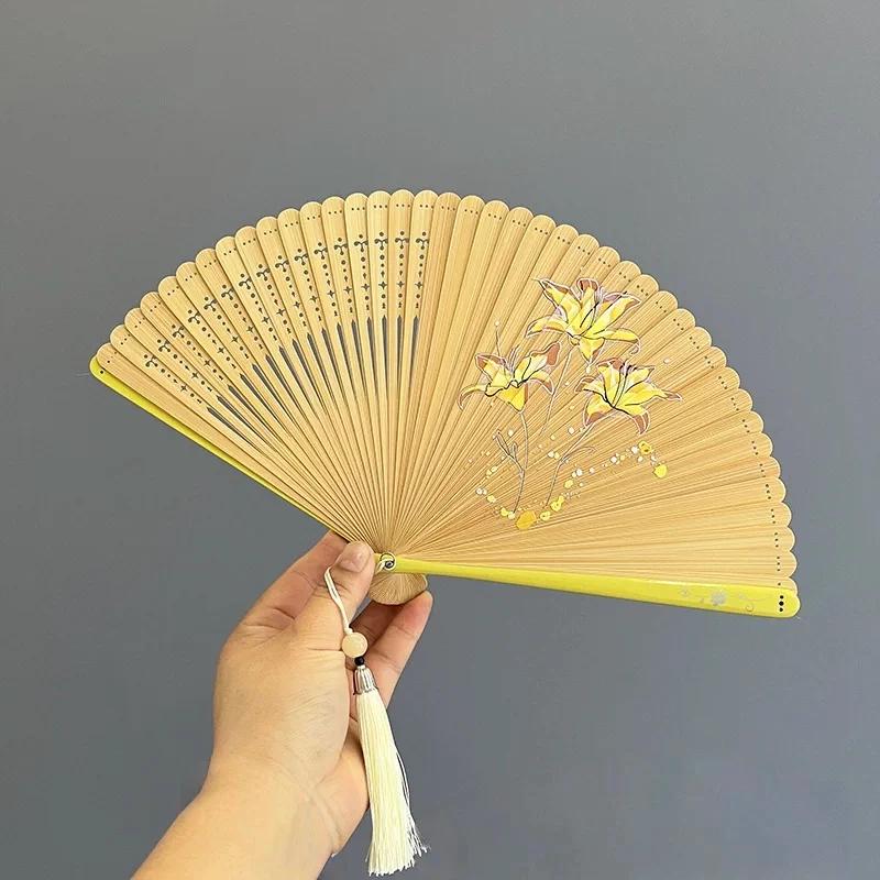 All-Bamboo Folding Fan, Chinese-Style Fan, Ancient Style, Compact and Portable, Small Bamboo Fan, New Chinese Style, Lily Design, Cheongsam Dance Fan