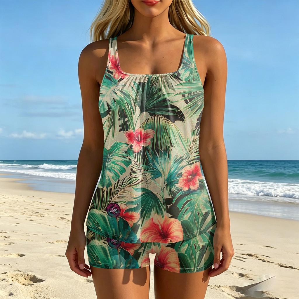 Women's Two Piece Tankini Swimsuit Set Floral Print Sporty Swimwear Top and Bottoms Beachwear Summer Pool Outfit