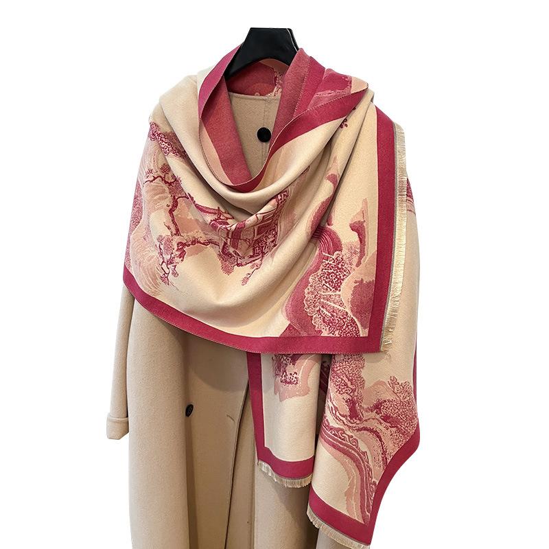National Style Ancient Building Antique Retro Autumn And Winter Women'S Imitation Cashmere Short Beard Fringed Warm Scarf Shawl Scarf