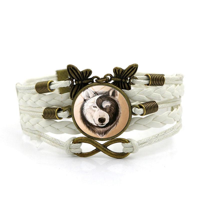 Pulseiras de charme de lobo Ying Yang para mulheres Moda Cabochão de vidro Borboleta Infinito Jóias Pulseira de couro multicamadas
