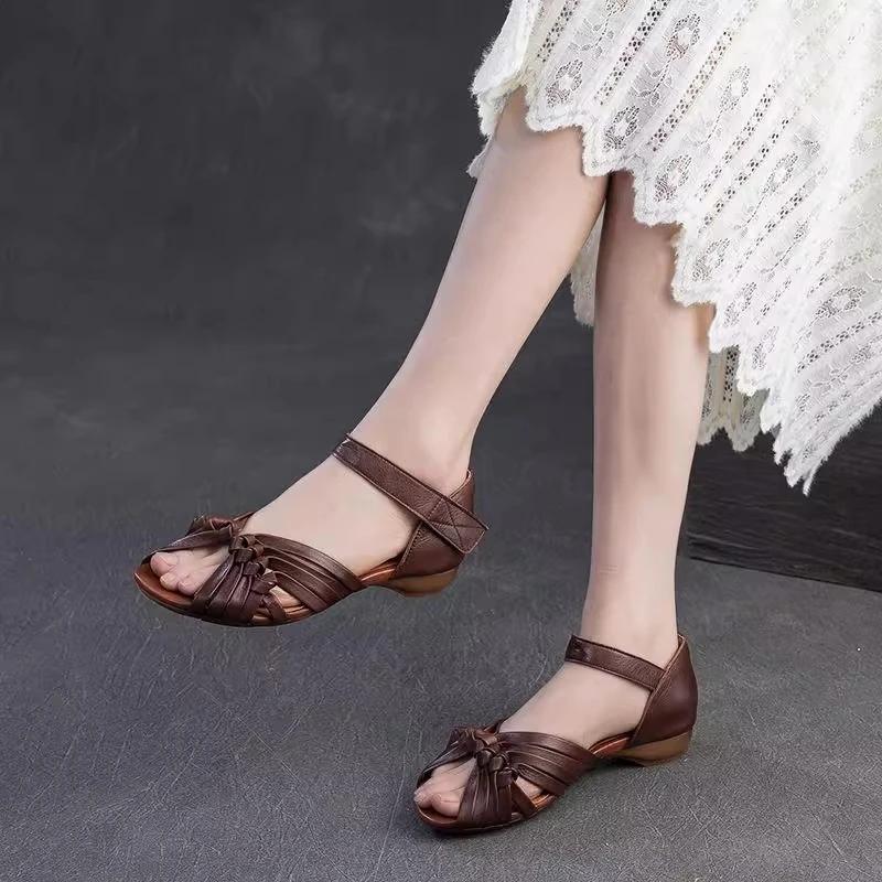 2025 Summer New Peep Toed Sandals women Hollowed Out Hand Woven Flat Sandals Leather Retro Low Heel