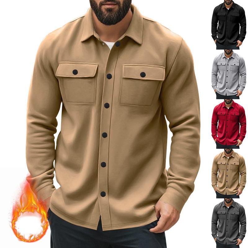 Casual Men's Heavyweight Velvet Lapel Multi-pocket Single-breasted Solid Color Casual Jacket for Men
