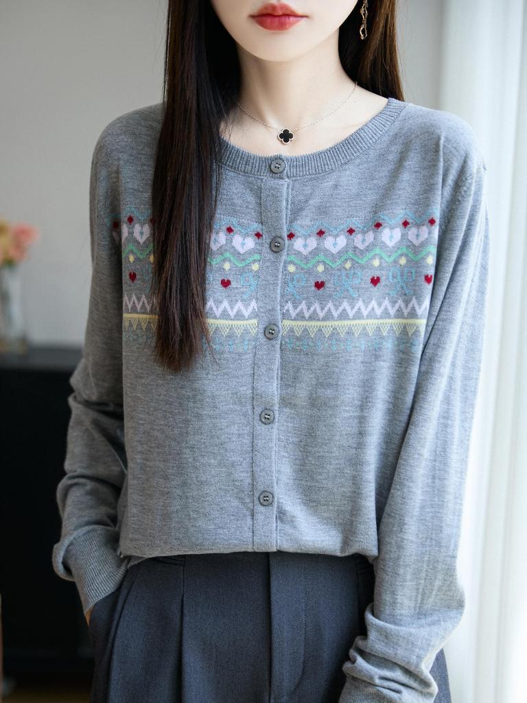 Women's Autumn 2025 Jacquard Round Neck Long Sleeve Knit Cardigan Jacket