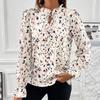 Kvinner Vår Høst Langermet Ruffles Stand Collar Printed Skjorte Bluse Topp