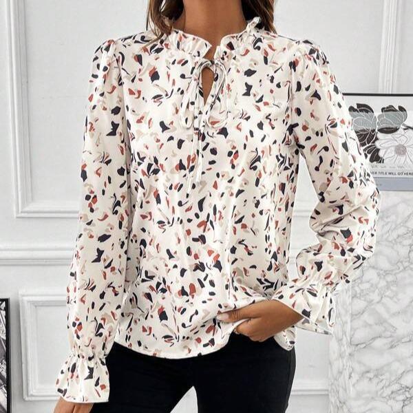 Kvinner Vår Høst Langermet Ruffles Stand Collar Printed Skjorte Bluse Topp