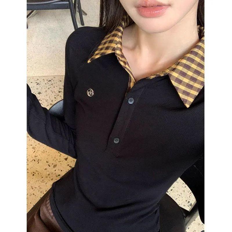 Women's Autumn Plaid Polo Collar Long Sleeve Top, Slim Fit, Embroidered Two-Piece Style