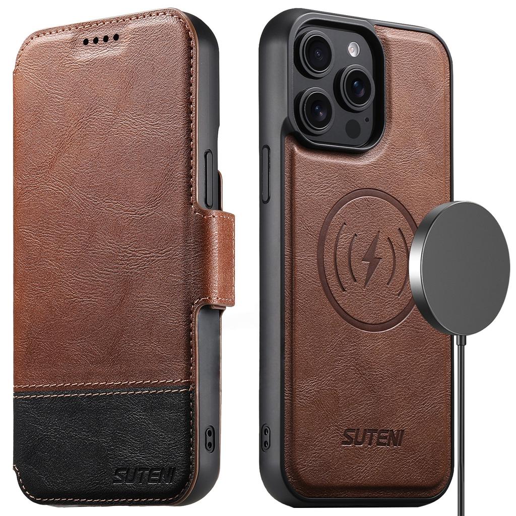 SUTENI Q-06 For iPhone 15 Pro Case Color Splicing Magnetic Detachable Leather Phone Cover