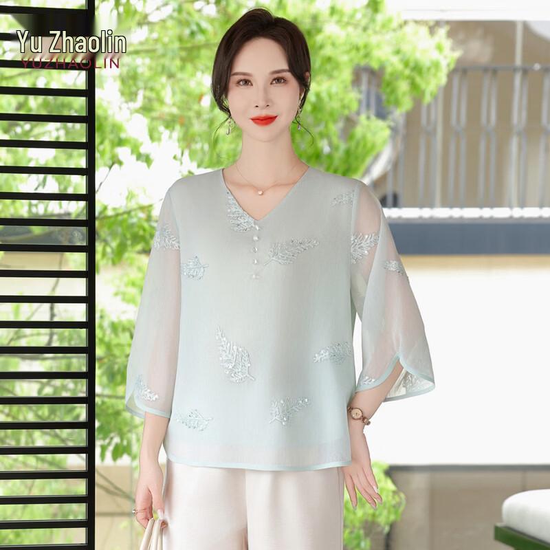 YUZHAOLIN New Chinese Style Floral Print Summer Outfit for Middle-aged Women