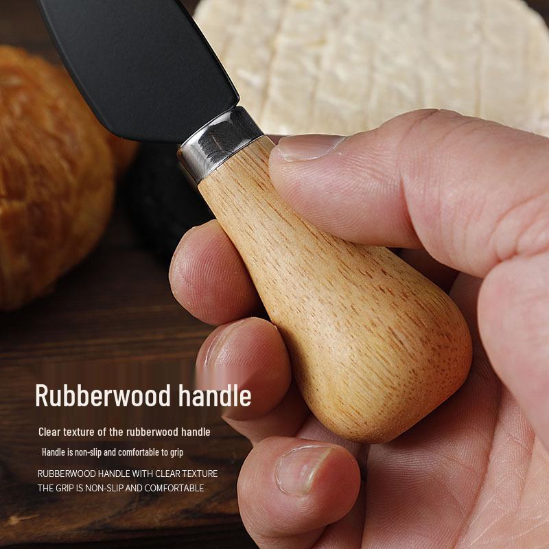 Black Stainless Steel Cheese Knife Set with Rubber Wood Handles - Includes Knife, Fork, and Spatula