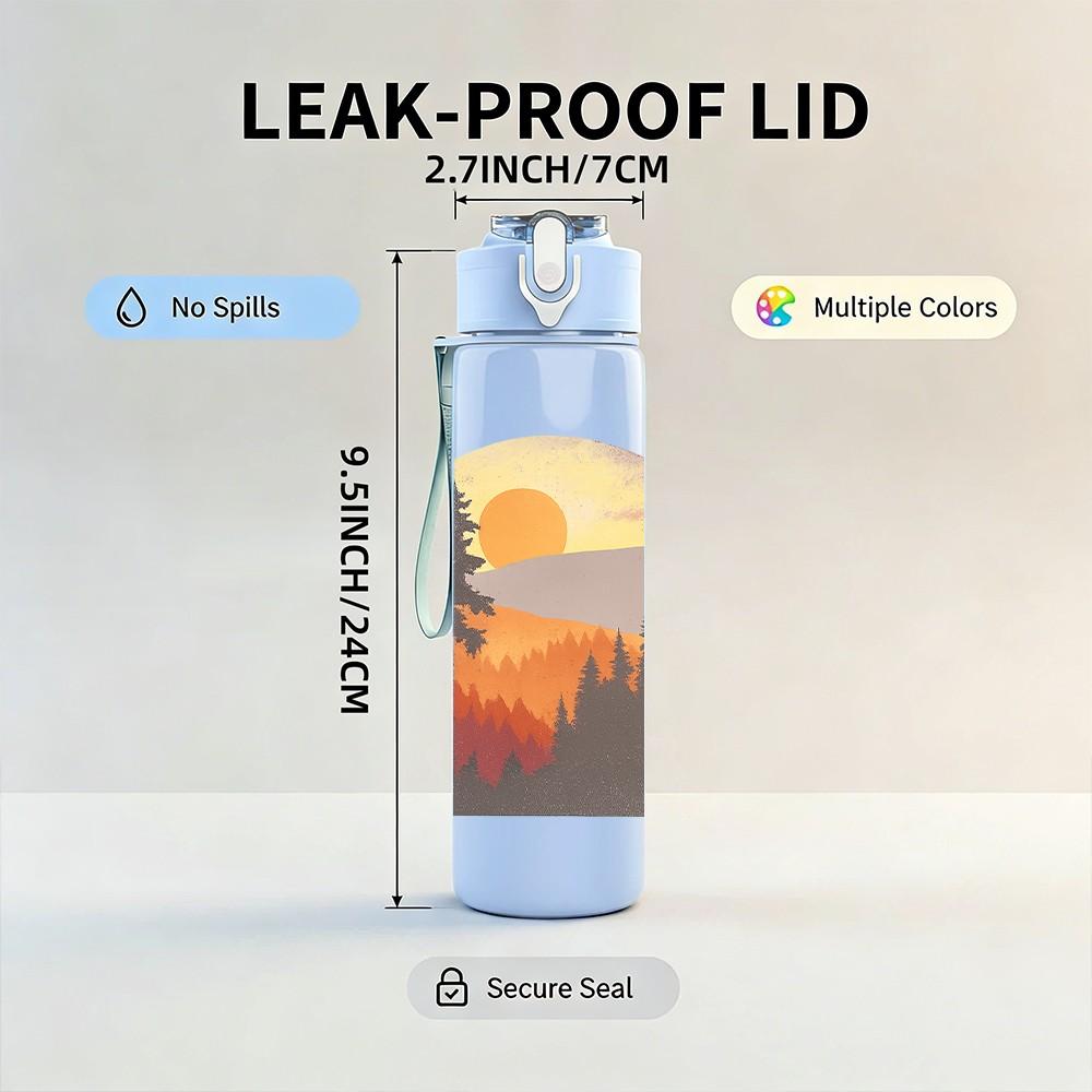 1PC Mountain Sunset Landscape Print 750ml Color Plastic Sports Water Bottle Leakproof Flip Straw Lid Suitable for Sports Office Home Use