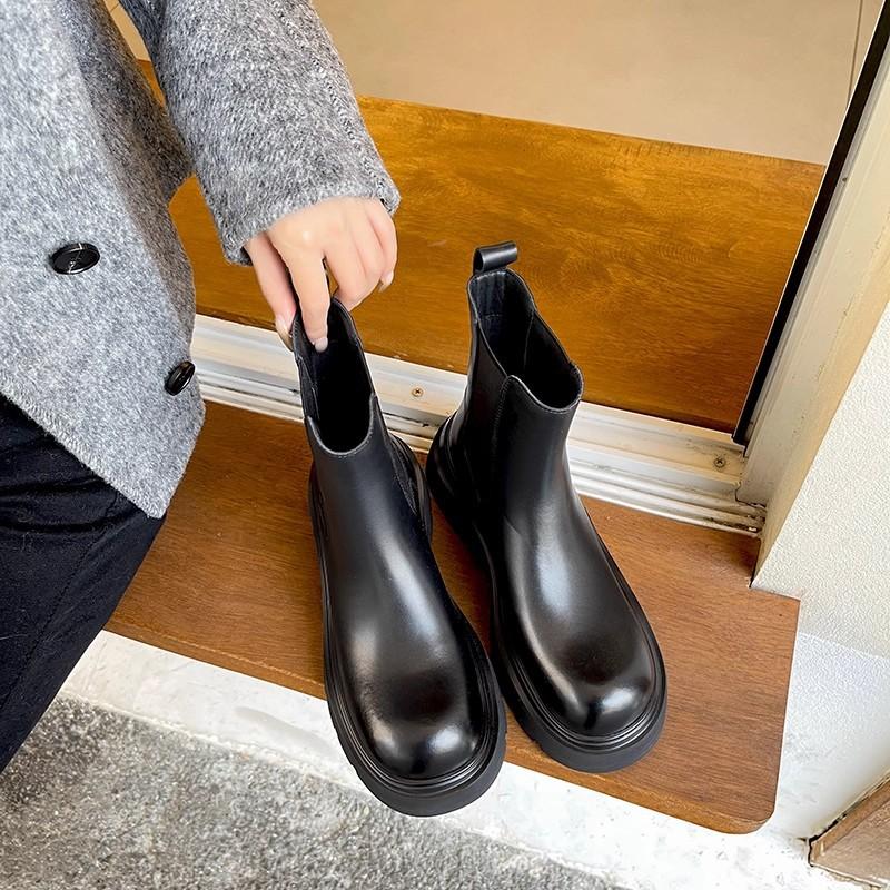 Women's Shoes Platform Chelsea Boots Leather Martin Boots 2025 New Fashion British Style Heightened Cigarette Tube Short Boots