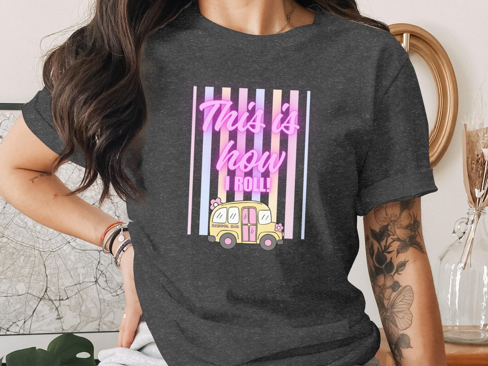 School Bus T-Shirt, This Is How I Roll Tee, Pastel Kawaii Bus Graphic M