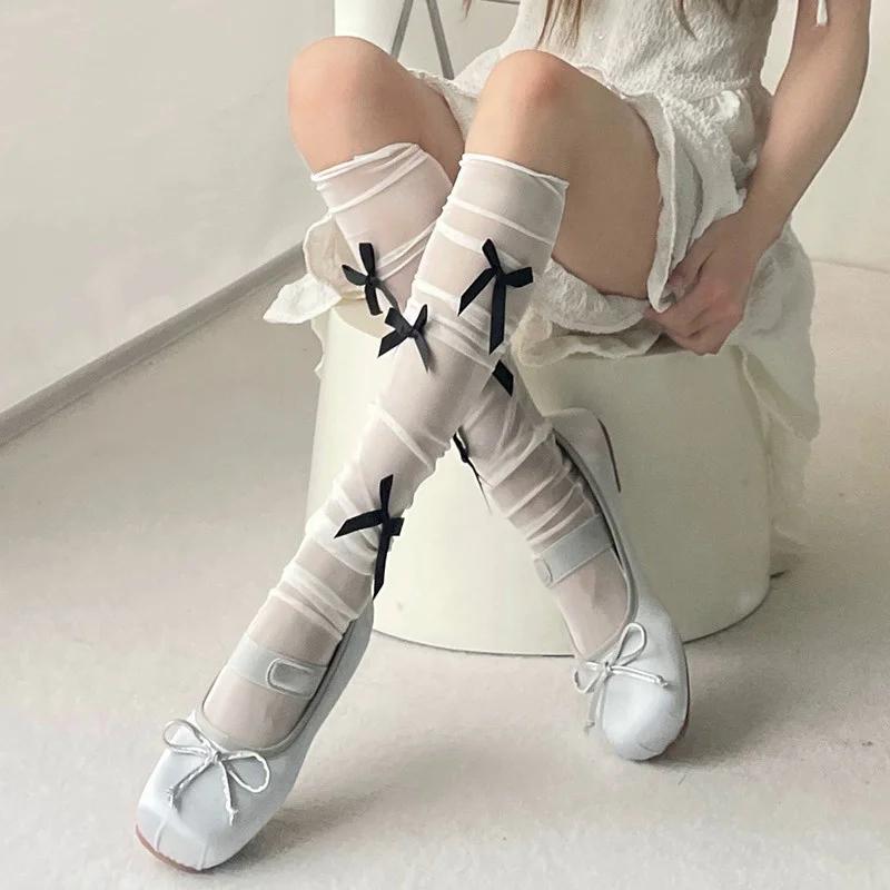 Women Sexy Ribbon Bow Socks Long Tube Knee High Lolita White Stockings Thin Piles of Socks Section Mesh Pure Desire Lace Hosiery
