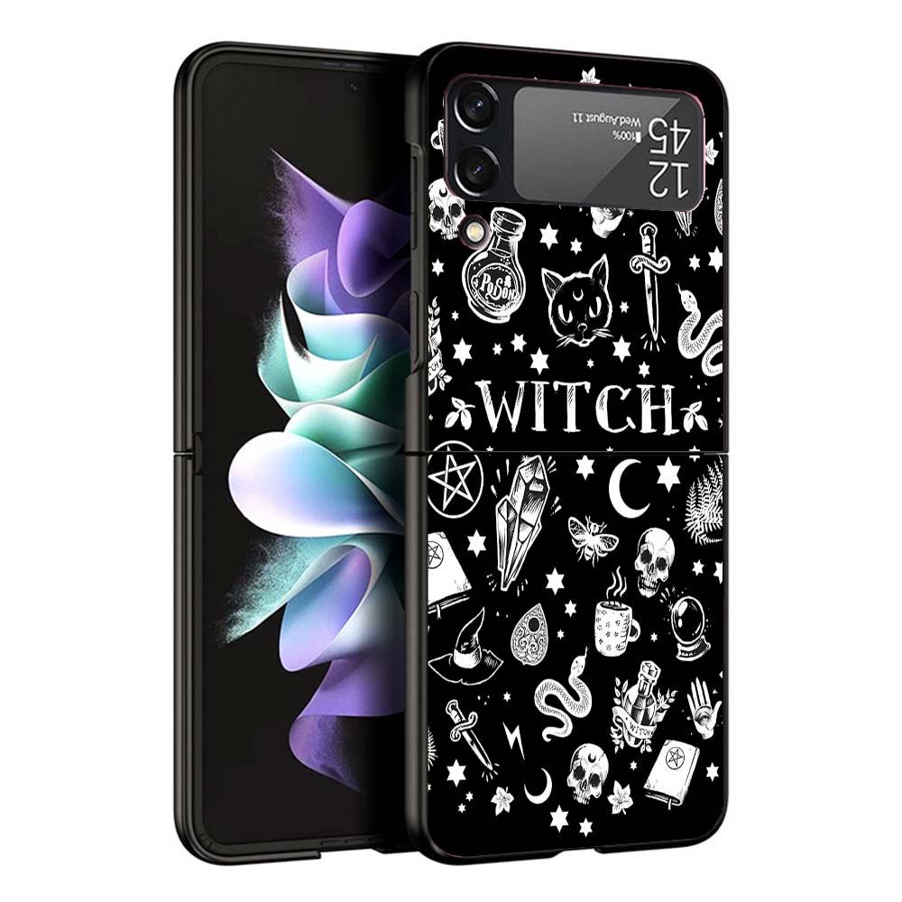 Pink Cat Skull Sorceress Witch Hard Black Cover for Samsung Galaxy Z Flip 7 6 5 4 3 5G Phone Case Flip7 Flip6 Flip5 Flip4 Flip3