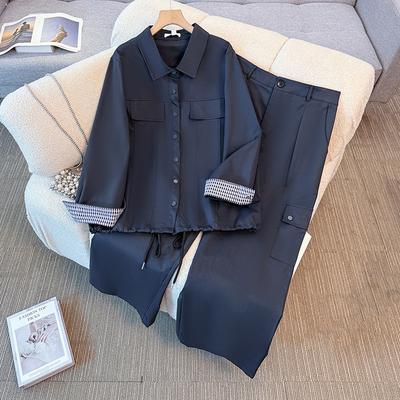 A Two-piece Set of Oversized Women's Autumn and Winter Versatile Drawstring Design Coat and Cargo Pants