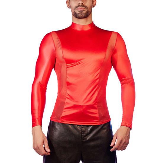 Men Sexy Mesh T-Shirt Oil Glossy Shiny Top Patchwork Tight-Fit Top Breathable Long Sleeve