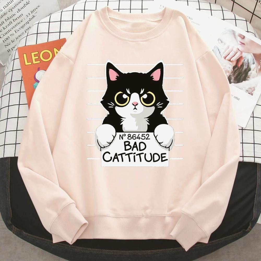 Autumn Winter Womens Pullover No86452 Bad Cattitude Funny Cat Print Hoodie  All-Math Sweatshirts Warm Crewneck Ladies Tops
