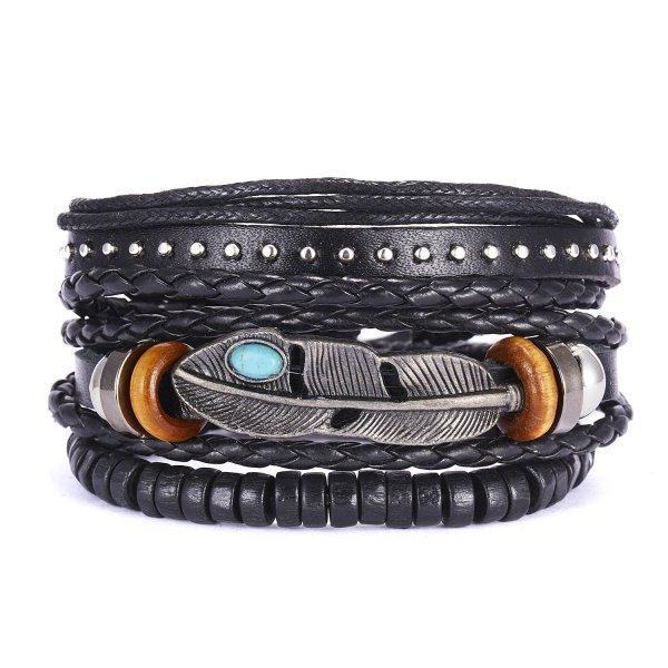 Handmade Vintage Multilayer Men Leaf Leather Bracelet Braided Star Knot Leaf Rope Wood Beads Wrap Bracelets & Bangles Male Gift