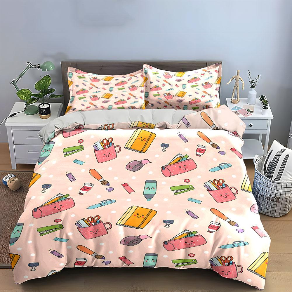 Cute Stationery Set For Students Soft Comfortable Duvet Cover Bedding Set Included 1*Duvet Cover & 2*Pillowcases, Gift