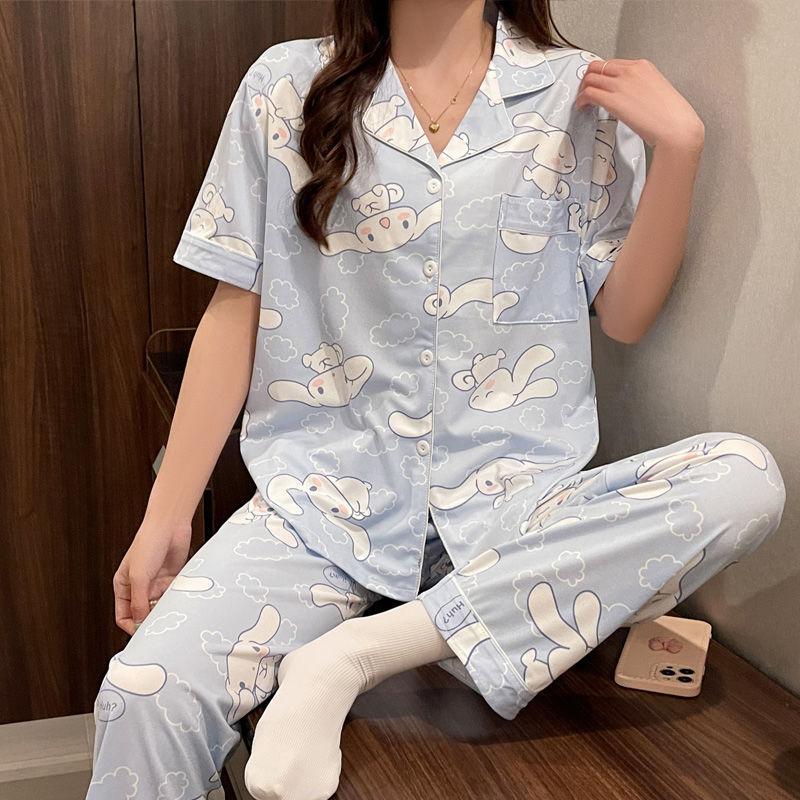 Cute Melody pajamas women's Japanese sweet cartoon style loungewear age-reducing girls cardigan short-sleeved set