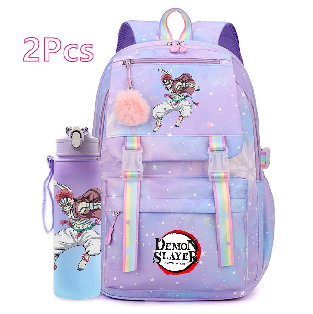 2Pcs/set Cartoon Demon Slayer Printed Backpack with 750Ml Water Bottler for Teenager Girl Boy Large Capacity Waterproof Bookbag Travel Bag Gift