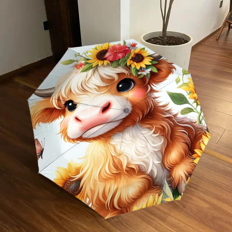 

Sunflower Cow Floral Crown Auto Open Close Umbrella - Portable 3-Fold Design with Iron Frame, Perfect Gift for Fans, Travelers, Daily Use, O