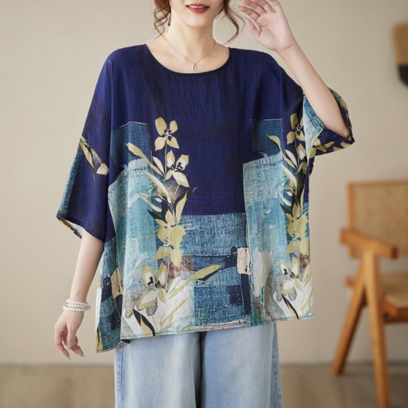 Retro Cotton and Linen Printed Half Sleeved T-shirt for Women's Elegant Summer Loose Fit Slimming and Western Style Fashion Top